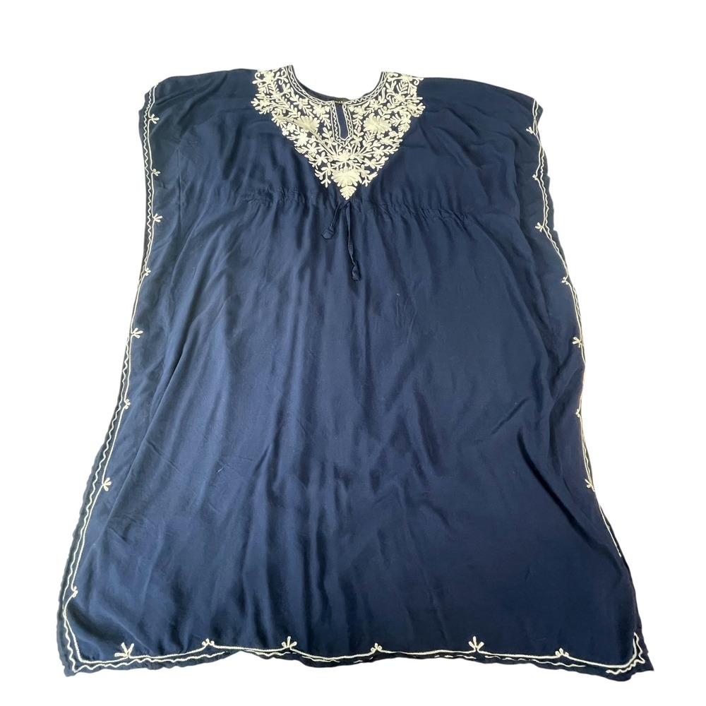 Ana & Rose Navy Blue Embroidered Kaftan Dress One Size Rayon Boho Maxi Cover Up